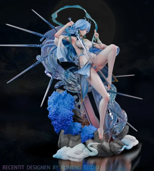 "1/6 Wuthering Waves Qingxiao resin statue. Dynamic sword immortal pose, flowing robes, and ethereal elements, detailed from various premium angles."
