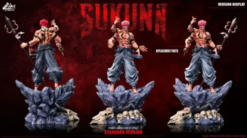 "Limited edition Sukuna Jujutsu Kaisen resin statue by BLACK Studio. Views reveal intricate sculpt, dynamic light-up effects, and dark fantasy power."