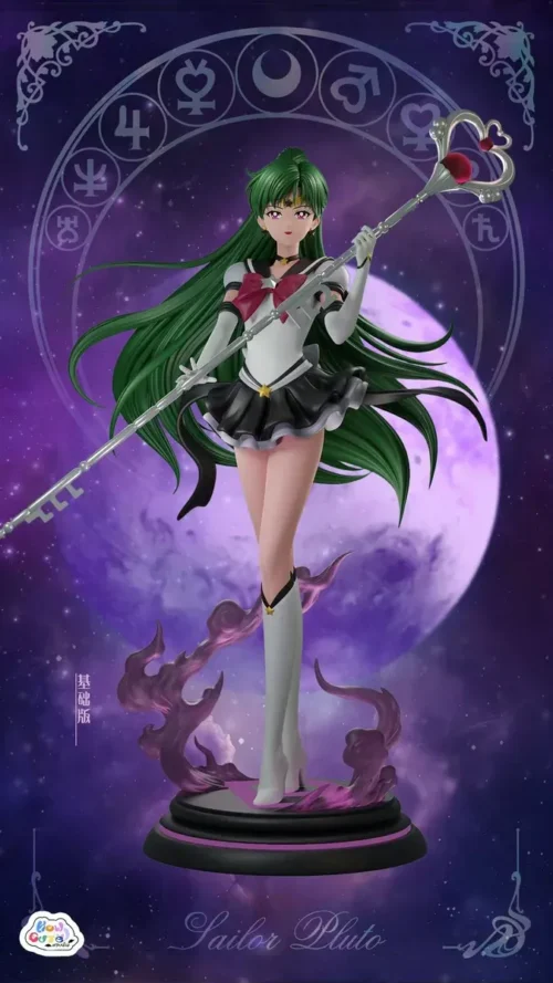 "Close-up views of the exclusive 1/6 scale Sailor Pluto LED resin statue, showcasing elegant sculpted details, luminous effects."