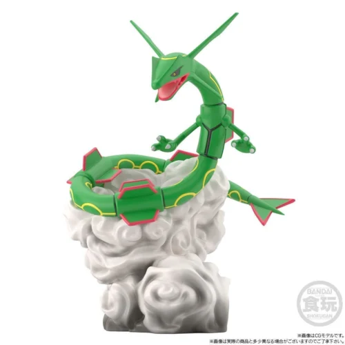"Iconic Legendary Pokémon Rayquaza figure by Bandai Shokugan, with a dynamic flying pose, intricate serpentine design, and vibrant details."