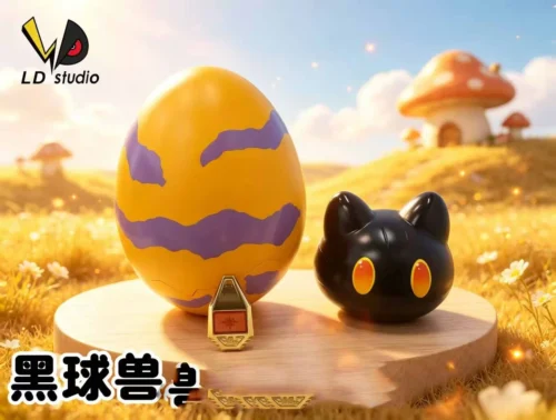 "Adorable 1:1 scale Digimon infant figures Botamon, Poyomon, Punimon, Yukimibotamon emerging from eggshells. Detailed resin statues, various angles."