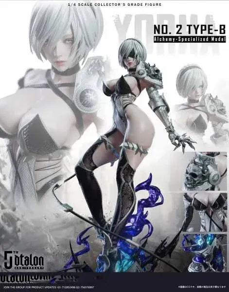 "Premium 1/4 Nier 2B statue, Nier: Automata. Dynamic combat pose with intricate sci-fi gothic details and stunning LED lighting. Limited Edition."