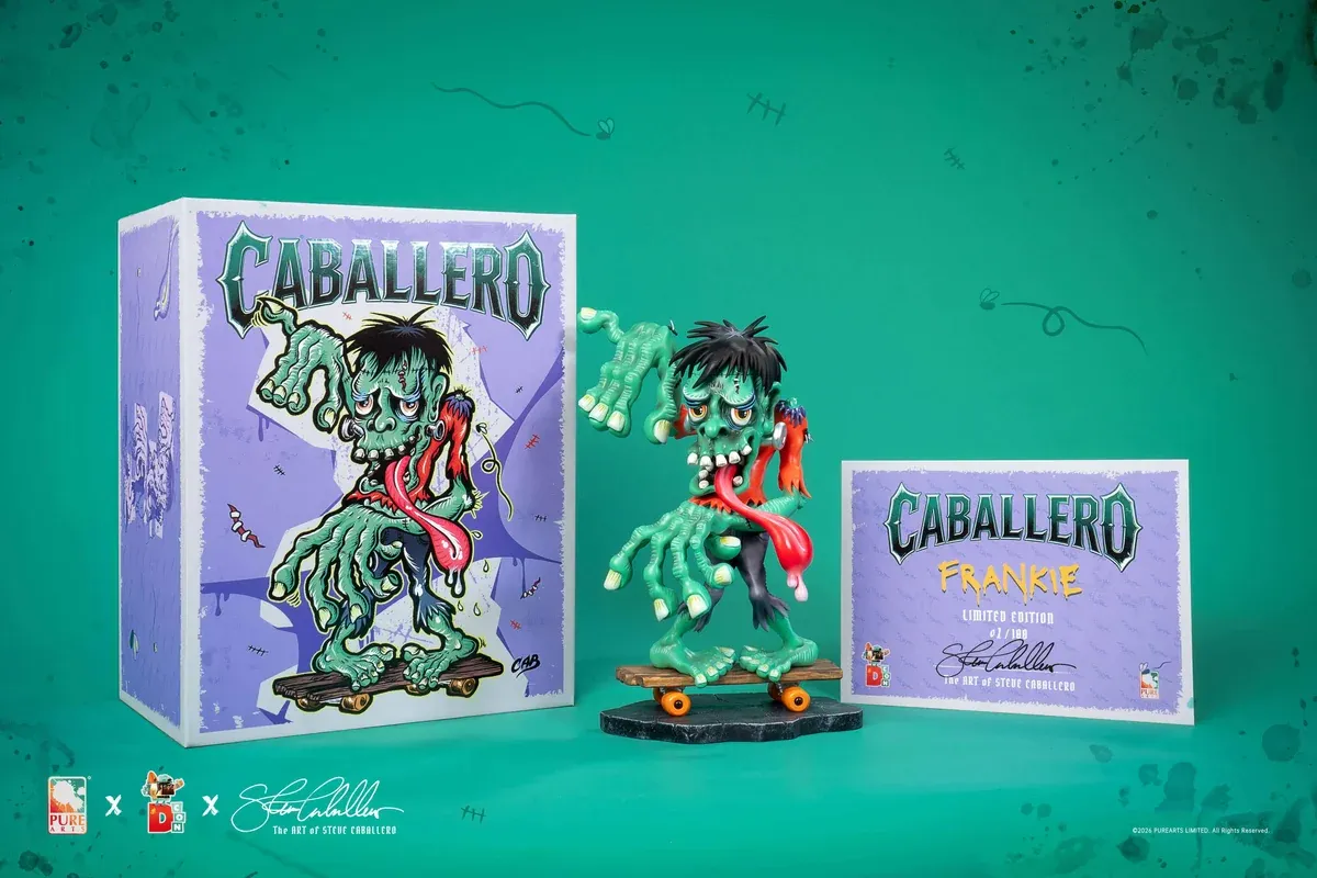 "Steve Caballero Dragon Statue, Limited Edition Polystone Masterpiece. Various angles show dark fantasy dragon claw gripping a skateboard."