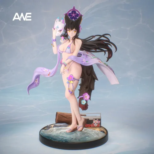 "Hoshino Wakamo Blue Archive premium resin statue. Detailed view highlighting her dynamic fox spirit warrior pose, tactical elegance."