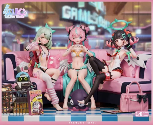 "Premium 1/6 scale Lolikoo Studio bishoujo resin statue featuring vibrant Chinatsu, Airei, and Nangong Yu in a playful fantasy party diorama."