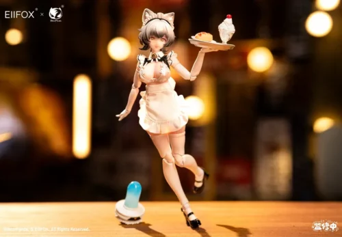 "EIIFOX x BearPanda Mao Maid Little Pudding. Highly articulated, customizable cat-maid, expressions, food accessories. See sculpted details."