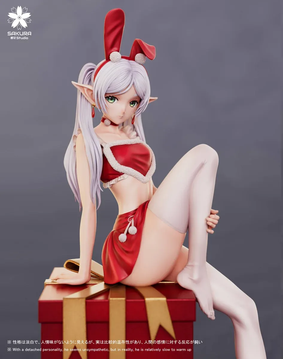 "Detailed view of the exclusive 1/6 Christmas Frieren figure from Sakura Studio, showcasing the premium resin and intricate festive Santa outfit."