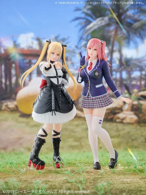 "Authentic 1/7 scale PVC figures of Marie Rose & Honoka from Dead or Alive 6, captured in dynamic poses with vibrant, faithful game details."