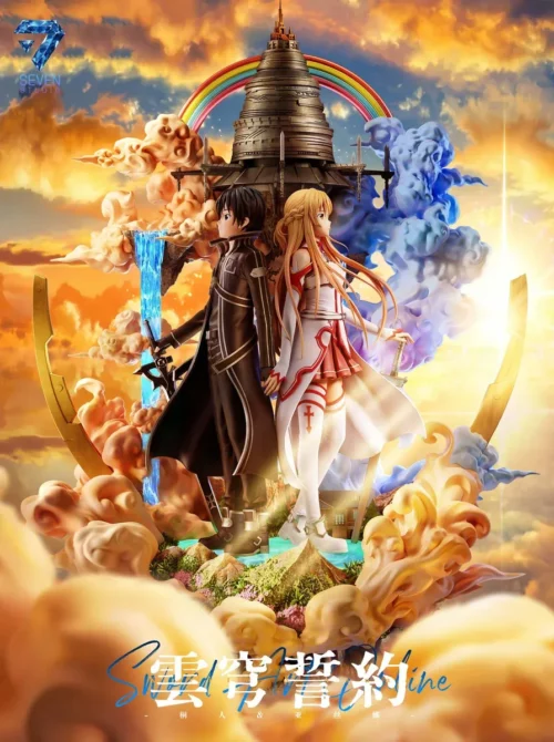 "Stunning 1/6 Kirito & Asuna Sword Art Online LED resin statue, showcasing a romantic Aincrad cloudscape with dynamic lighting. Captures their eternal."
