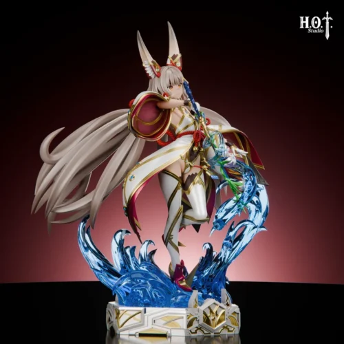 "1/6 Nia Awakened Xenoblade Chronicles 2 resin statue. Dynamic pose, flowing tails, vibrant attire, LED water base details. Limited edition."