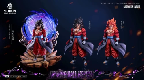 "Premium 1/6 scale SSJ4 Vegito resin statue captures explosive Saiyan power with a dynamic pose, intricate details, and a swirling energy base."