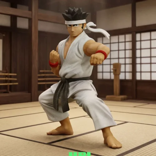 "Detailed views of the limited edition Akira Yuki Virtua Fighter statue by UP Studio, highlighting its distinct stylized retro-game charm."