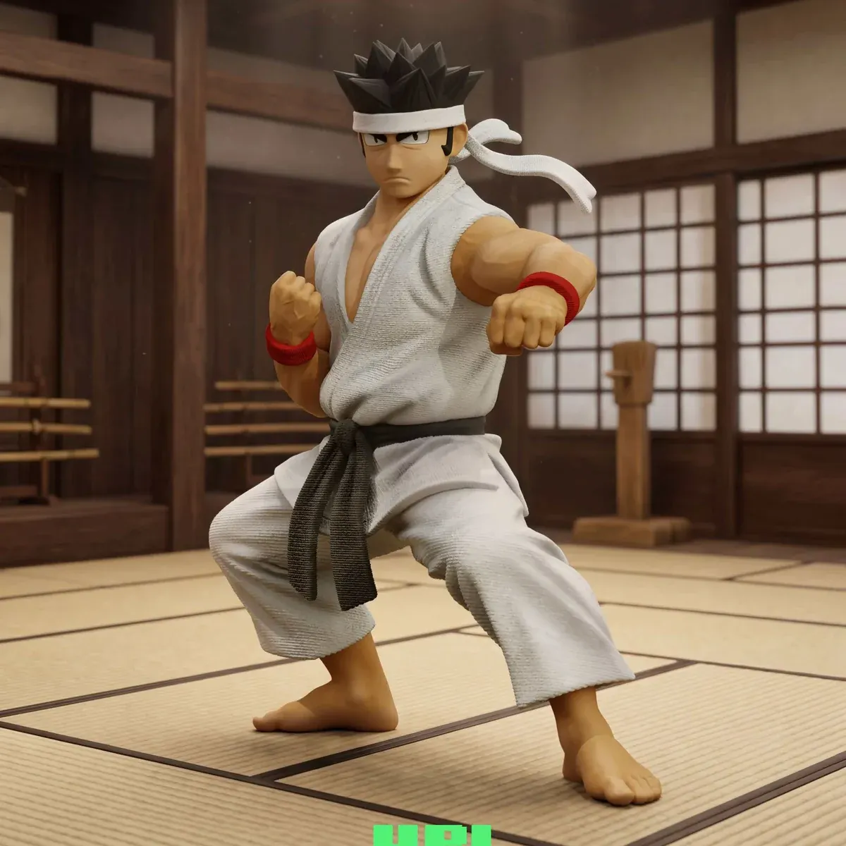 "Detailed views of the limited edition Akira Yuki Virtua Fighter statue by UP Studio, highlighting its distinct stylized retro-game charm."