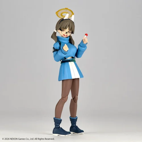 "Playful Kaiyodo Revoltech Blue Archive figure in a dynamic pose, perfectly capturing the cute anime schoolgirl's accurate design with interchangeable."