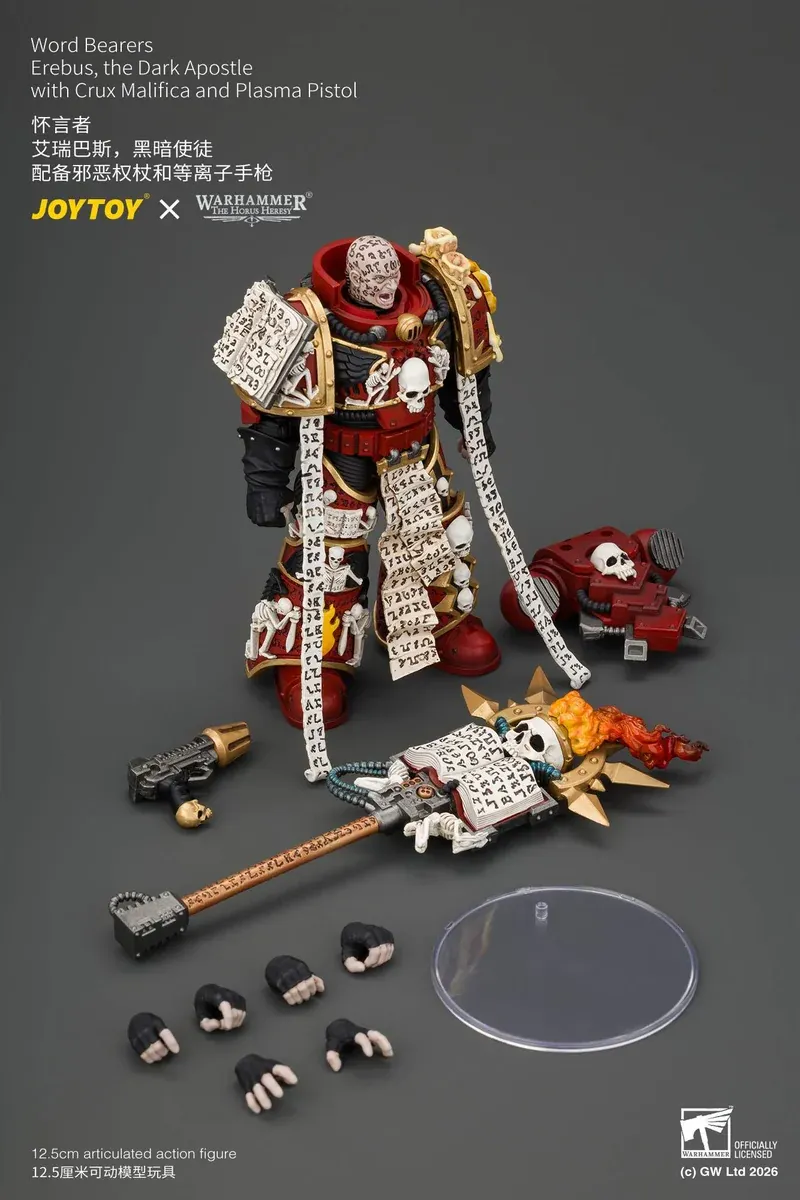 "Highly articulated Warhammer Horus Heresy Word Bearers MKVI Tactical Sergeant & Erebus, displaying grimdark corrupted armor."