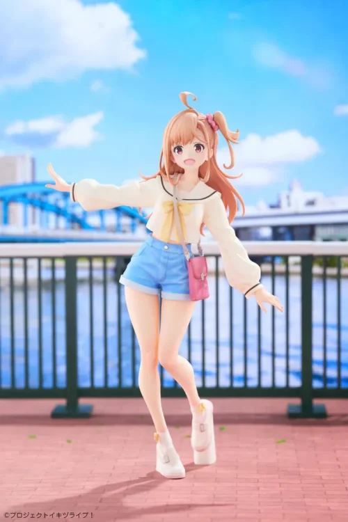 "Officially licensed 1/7 Polka Takahashi Love Live! figure in a dynamic idol pose with elegant blue bird details, showcasing her theatrical stage."