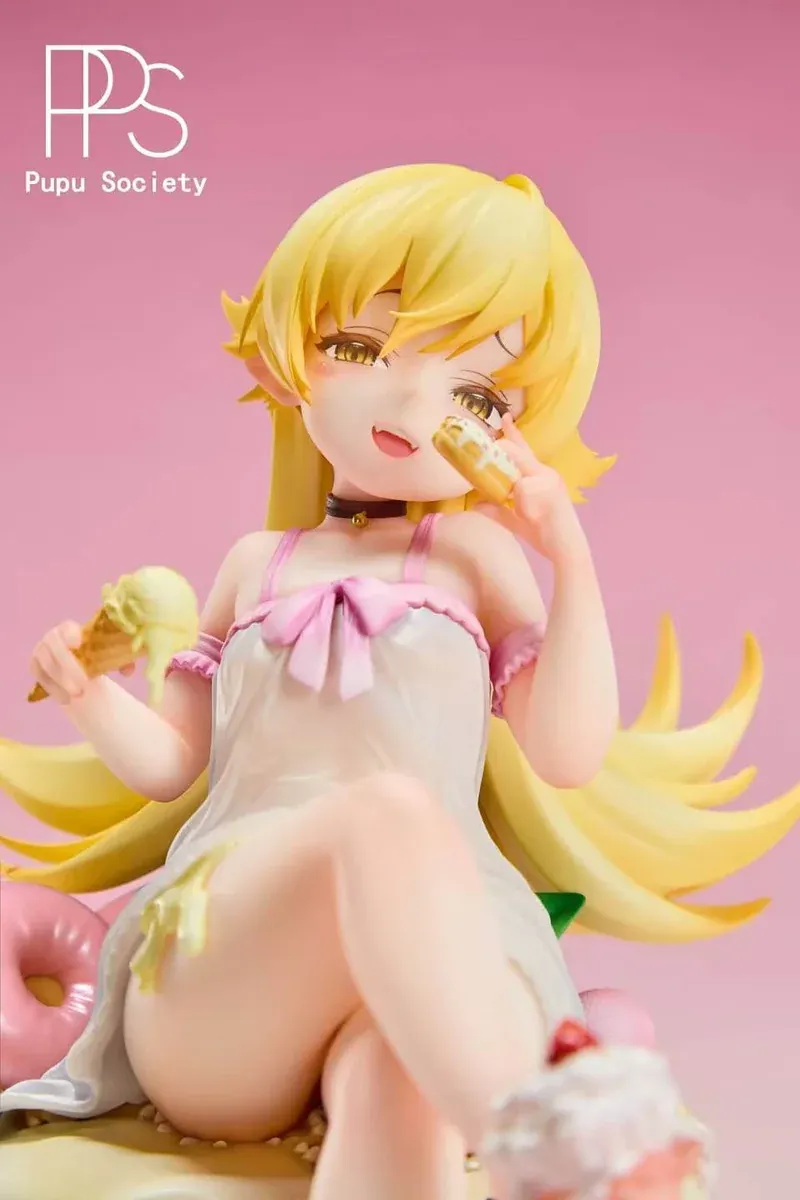 "Product gallery of the premium 1/6 Shinobu Oshino Monogatari Series figure. Reveals intricate sculpt, dynamic pose, iconic donut, and bonus."