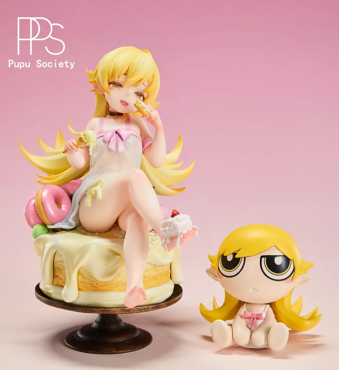 "Premium 1/6 Shinobu Oshino Monogatari Series resin statue. Gallery views highlight dynamic pose, intricate sculpt, and iconic donut."