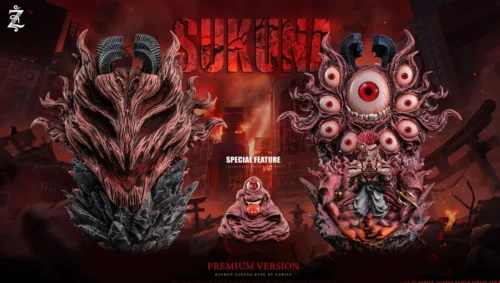 "Main display of the premium Jujutsu Kaisen Sukuna figure, capturing his menacing original form with striking fluorescent eyes and a dynamic pose."