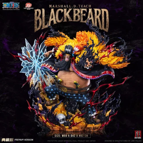 "Officially Licensed One Piece Blackbeard Marshall D. Teach resin statue, showcasing his dynamic destructive power with dark smoke effects."