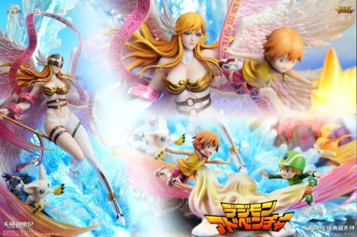 "Angewomon: Angel Genesis Digimon Adventure LED statue. Multi-character LED celestial diorama, dynamic poses, lighting, all views."