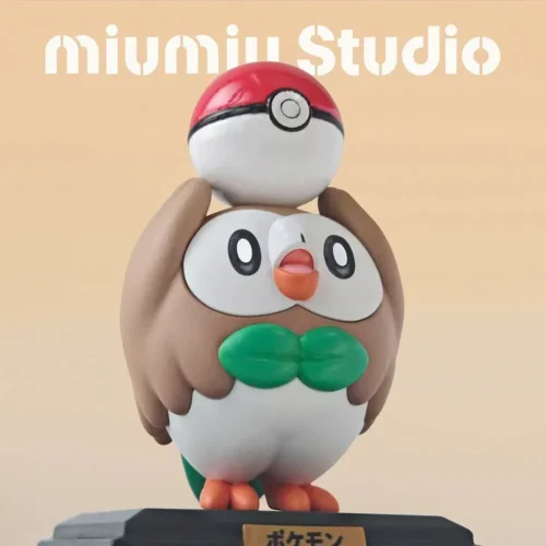 "Vibrant 1/10 Rowlet Pokémon figure by miumiu Studio, showcasing its dynamic pose on a nature base. An ultra-limited edition collectible."
