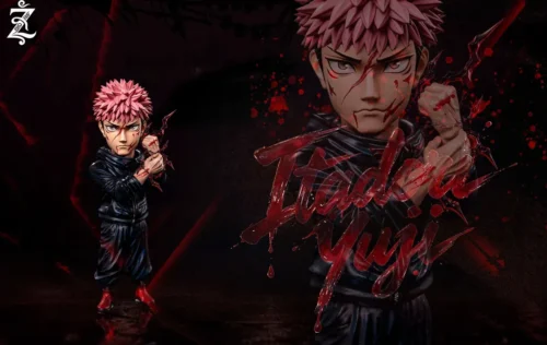 "Dynamic black-clothed Yuji Itadori WCF statue from Jujutsu Kaisen, captured in a playful, action-packed pose. A powerful collectible figure!"