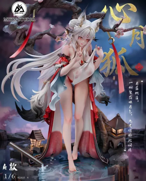 "Exquisite 1/6 Heart Moon Fox Wuthering Waves resin statue, gallery views showcasing its elegant mystical fox spirit and finely sculpted details."