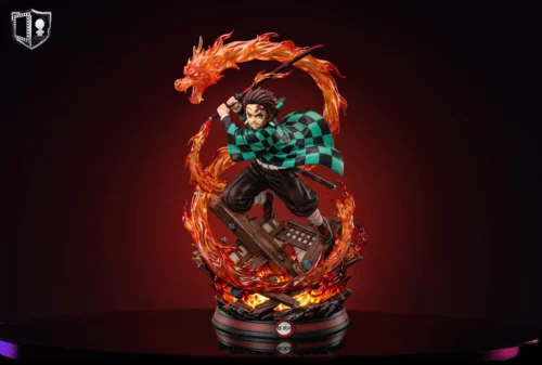 "Views of the Limited Edition Kamado Tanjiro Demon Slayer light-up statue. Features dynamic breathing forms, intricate sculpting, and illuminated base."