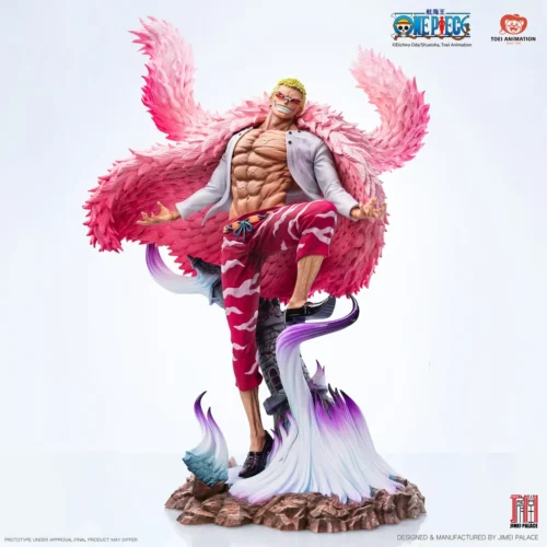 "Officially licensed 1/6 One Piece Doflamingo statue by Jimei Palace, showcasing dynamic villain pose, intricate string powers, and premium sculpt."