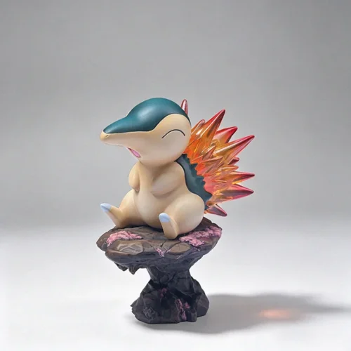 "Charming 1/10 Cyndaquil Pokémon statue, Miumiu Studio 'Cozy Time' series. Gallery views showcase its cute, stylized sculpt and peaceful natural base."