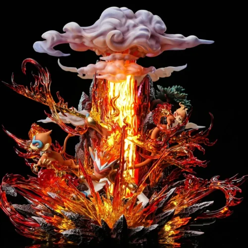 "Limited edition Infernape statue by Raven Studio. Dynamic LED effects, Monkey King design, and fiery aura seen from various detailed angles."