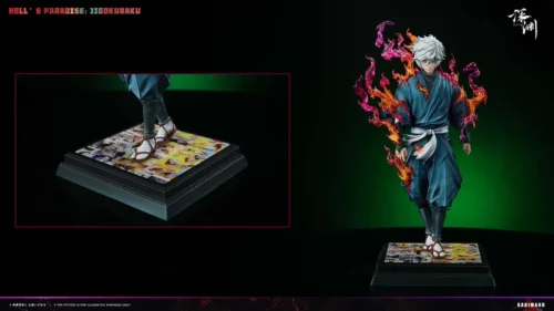 "Dynamic Gabimaru Resin Statue from Hell's Paradise, showcasing stunning fire effects and intricate sculpt details from various collector angles."