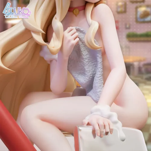 "Blue Archive Hoshino Takanashi 1/6 resin statue gallery. Captivating swimsuit design, enjoying a yellow peach drink. Premium details from various."