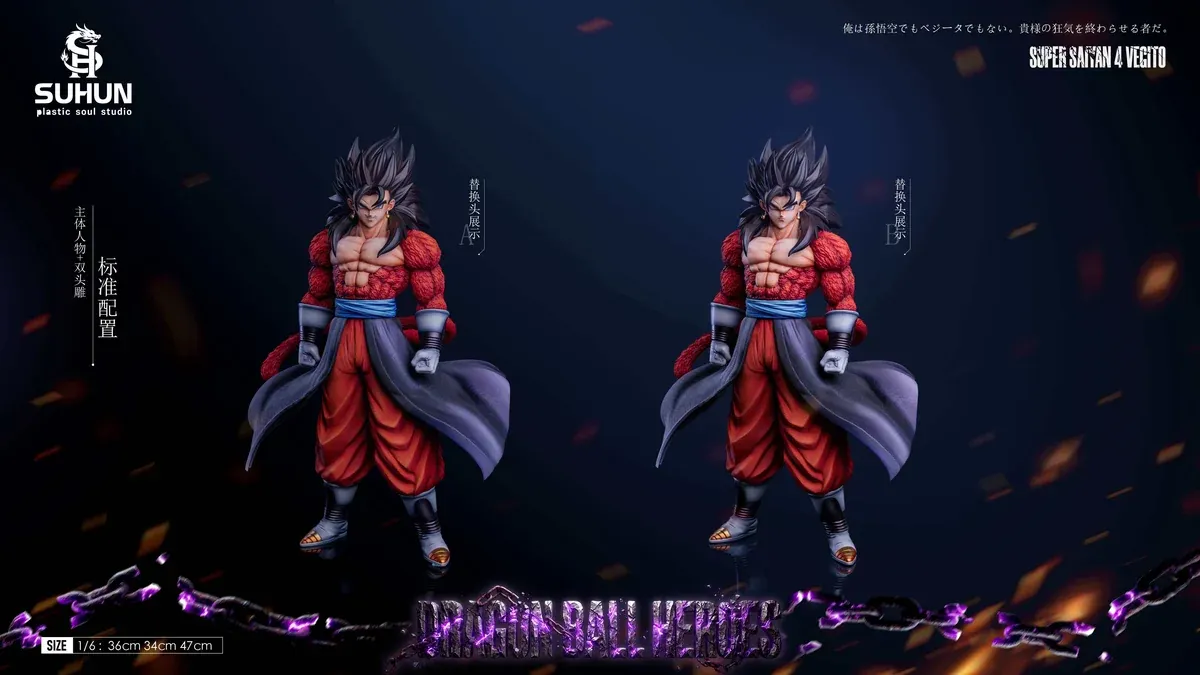 "Premium 1/6 scale SSJ4 Vegito Super Dragon Ball Heroes resin statue, showcasing explosive power and intricate details from all angles."