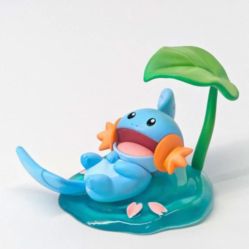 "Adorable Mudkip Pokémon figure by miumiu Studio, showcasing the beloved character in a charming, relaxed, cozy aquatic pose."