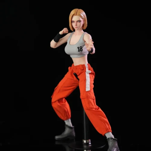 "Hyper-realistic BoxQi Studio Future Android 18 Dragon Ball Z statue, battle-damaged. Features platinum silicone articulated body and magnetic eyes."