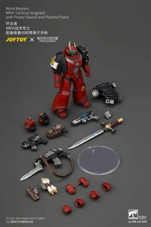 "Detailed views of JOYTOY Warhammer Horus Heresy Word Bearers figures: articulated Tactical Sergeant and Erebus Dark Apostle, showing grimdark power."
