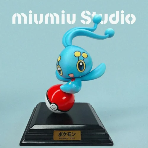 "Ultra-rare 1/10 Manaphy Pokémon figure by miumiu Studio, a charming collectible emerging dynamically from a detailed Poké Ball in an aquatic display."