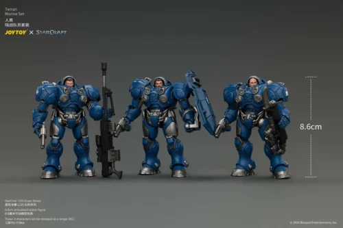 "Premium JOYTOY 1/25 Terran Marine Set from StarCraft, showcasing highly detailed and articulated figures in gritty, battle-ready power armor."