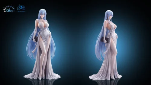 "Premium 1/6 Esdeath Evening Gown Akame ga Kill statue, displaying regal black dress sculpt from multiple angles, a limited 128 Esdeath figure."