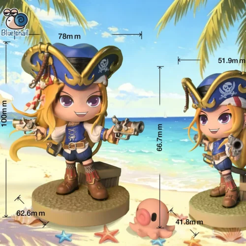 "Detailed views of the charming MapleStory Musketeer female pirate captain resin figure, showcasing premium craft and her playful octopus accessory."