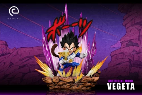 "Premium Dragon Ball Z Vegeta statue, dynamically posed on a lunar landscape, capturing his iconic moon-creating power and Great Ape transformation."