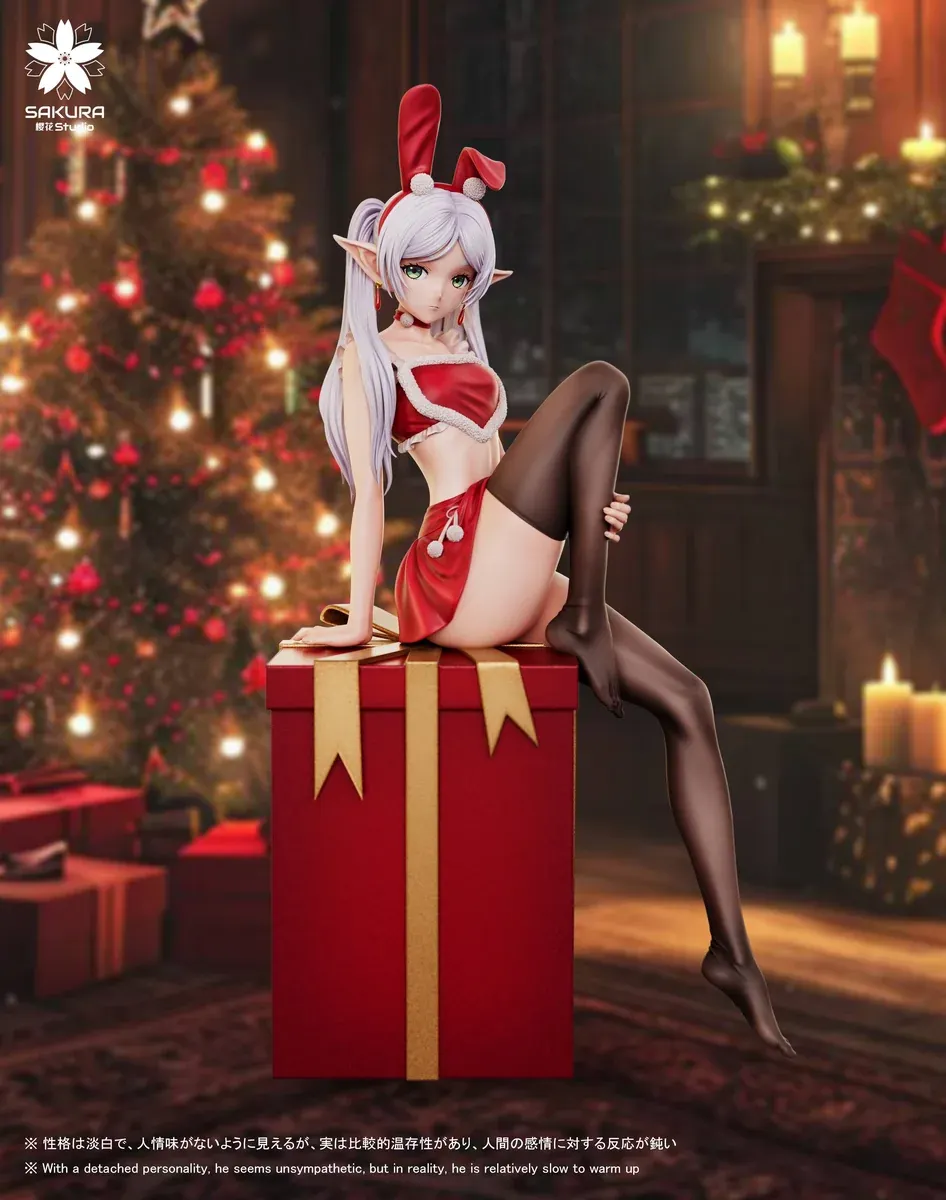 "Close-up views of the exclusive 1/6 Christmas Frieren resin statue by Sakura Studio, showcasing intricate Santa outfit details and serene magical."