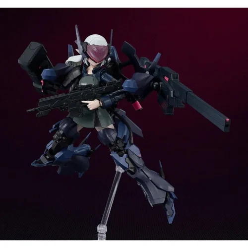 "Dynamic PLAMATEA Enigmatic Armored Soldier Figure, a highly detailed original sci-fi statue featuring intricate, articulated dark metallic armor."