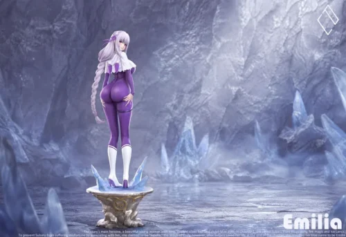 "Limited Edition 1/6 Emilia statue from Re:Zero by Pure Crush Studio, showcasing her elegant dynamic pose with ethereal translucent ice magic effects."