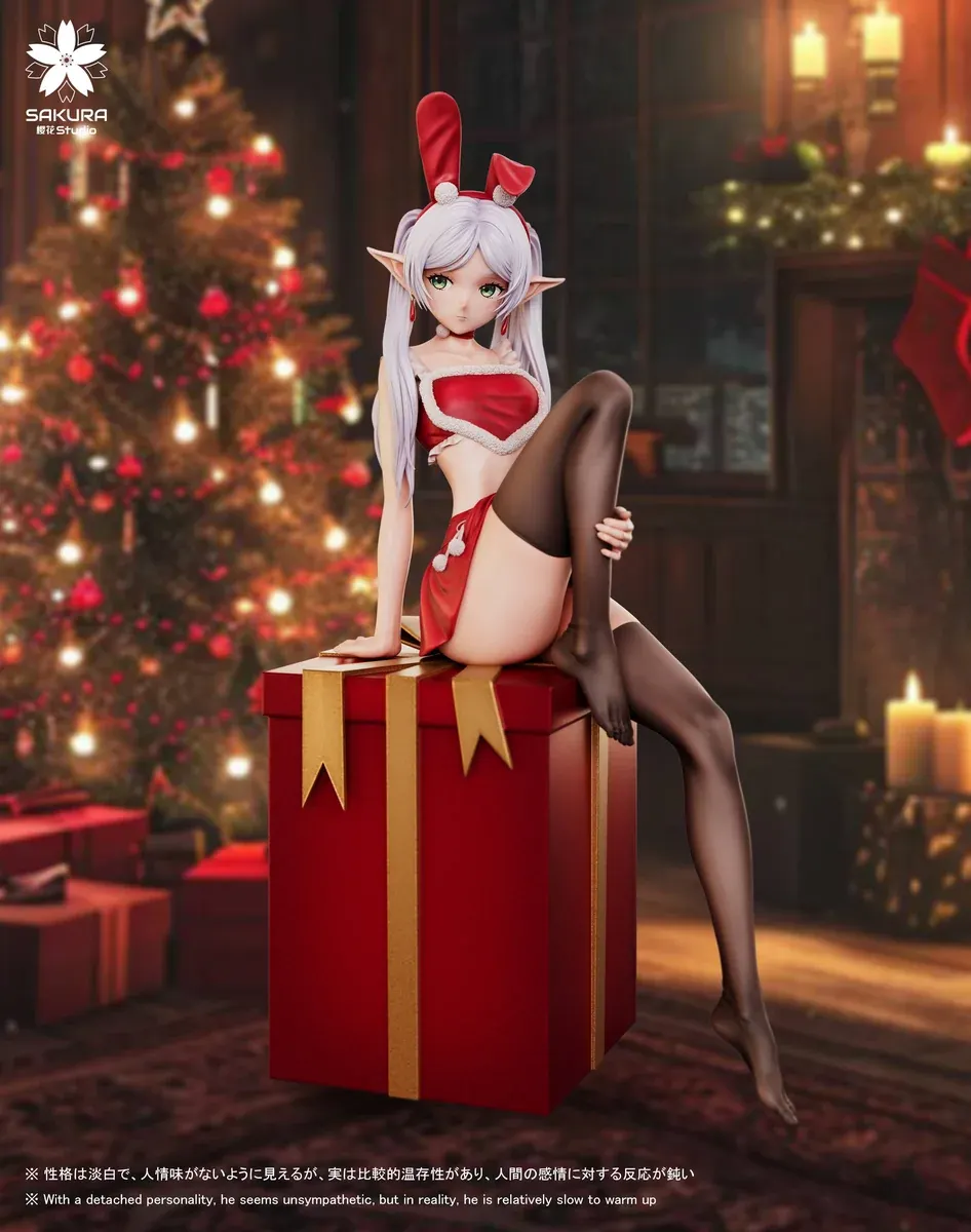 "Captivating angle of the exclusive 1/6 Christmas Frieren resin statue, highlighting the intricate sculpting of her festive Santa outfit."