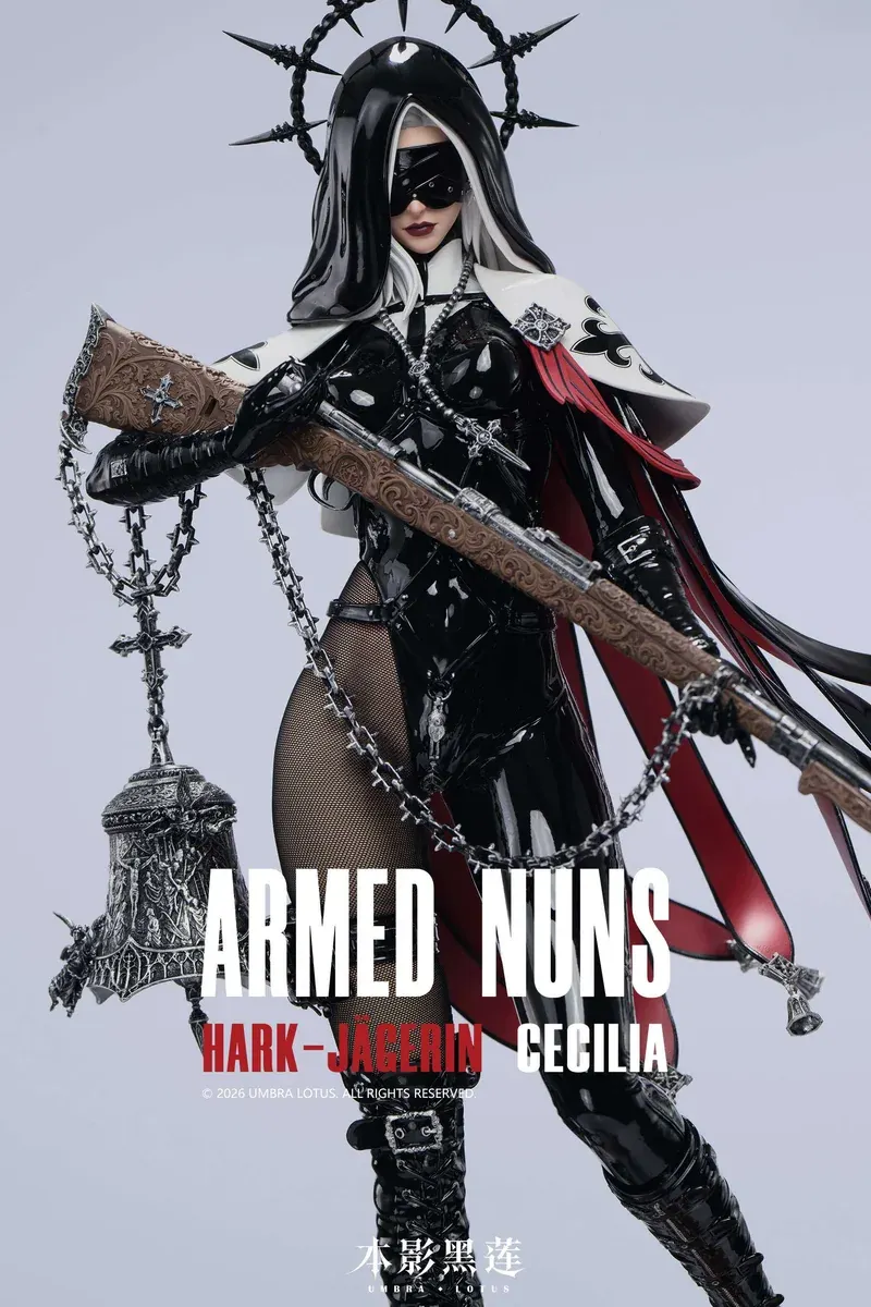"Detailed gallery views of the Black Lotus Studio 1/4 Armed Nun Cecilia statue, showcasing gothic sci-fi armor, dual head sculpts, and real stockings."