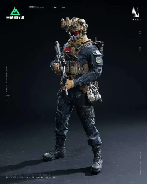 "Official 1/6 scale INART Studio Delta Action Vyron articulated figure, showcasing tactical uniform and detailed weapons from a dynamic angle."