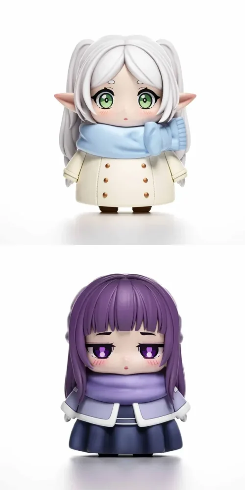 "Adorable chibi Frieren & Fern Winter Duo statue, showcasing their charming figures on a cozy snow-dusted base. Main image."